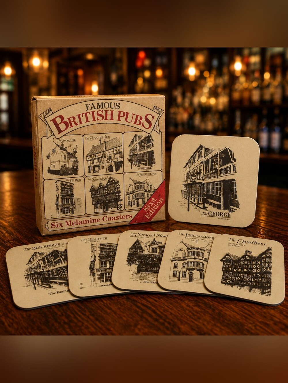 Pub Paraphernnalia Set of 6 Famous British Pubs Melamine Coasters Bars Beer